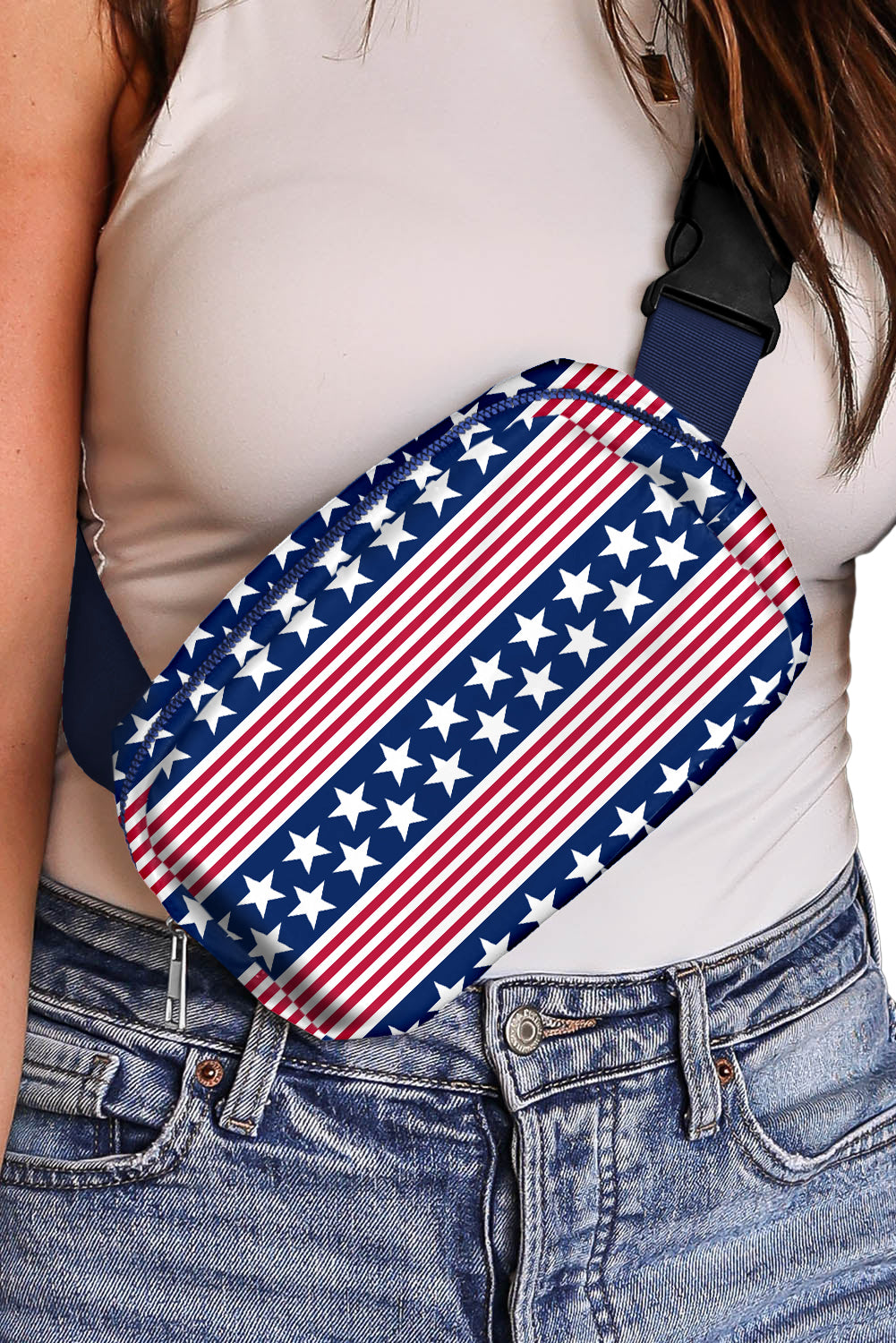 Dark Blue Star Printed Buckle Strap Flag Day Crossbody Bag