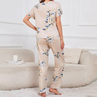 Women's Short Sleeve Crew Neck Top With Shorts And Pants 3 Piece Loungewear Sleepwear Lounge Sets Nighty Print Casual Pajama Set