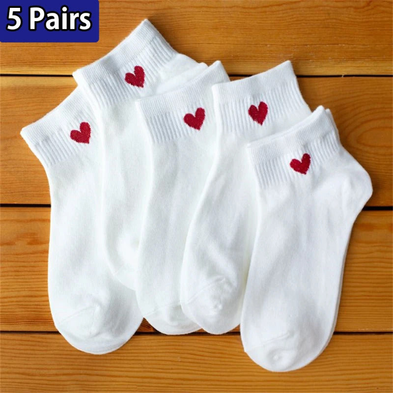 5 Pairs Lovely Heart Cotton Socks Women Summer Fashion Black White Sports Short Socks Girls Cute Style Low Tube Boat Socks 35-40