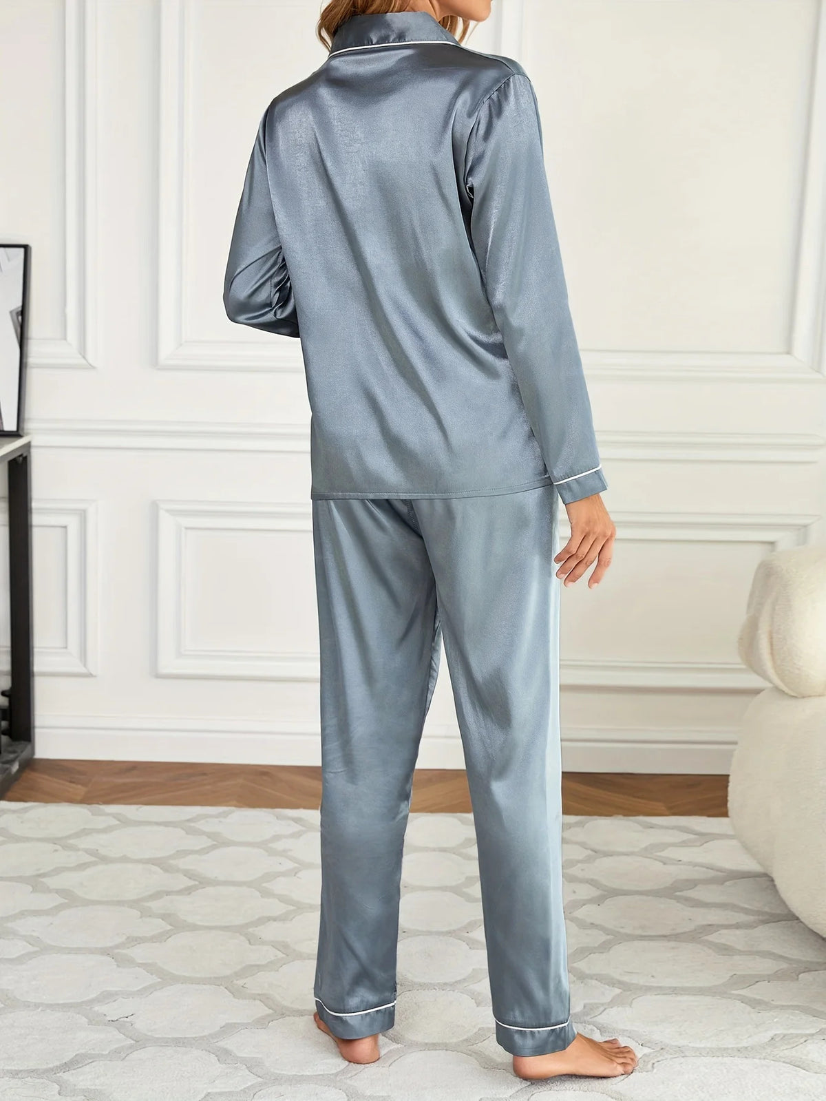 Solid Pajama Set Long Sleeve Button Up Lapel Top & Pants Pj Set Women's Sleepwear & Loungewear