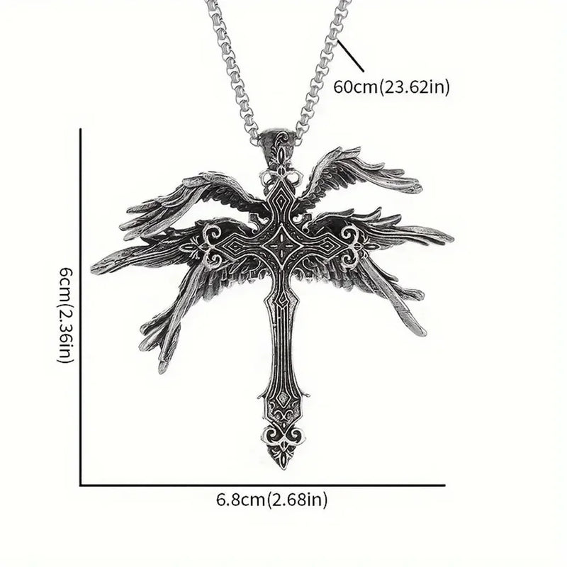 Classic Retro Angel Wings Cross Pendant Necklace Men Women Fashion Punk Adventure Travel Lucky Amulet Accessories Gift