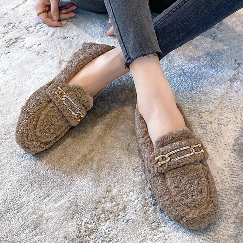 Luxury Sheep Fur Lined Loafers Women Lambswool Shoes Ladies Winter Slip On Furry Flats Cotton Wool Mocasine Femme Barefoot Boots