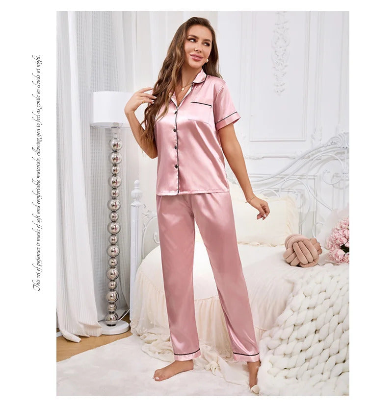 Women's Pajamas Sets Autumn Short Sleeve Buttons Top & Pants Sleepwear 2 Piece Button-Down Pj Set Homewear Satin Loungewear