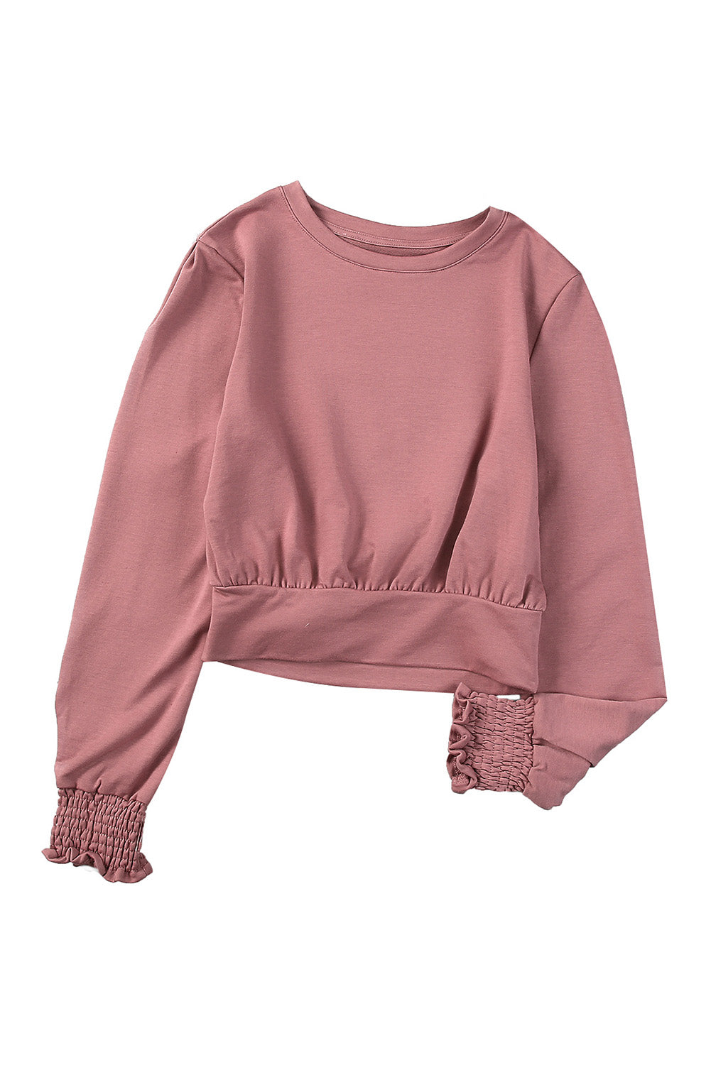 Pink Banded Hem Smocking Cuffs Long Sleeve Crop Top