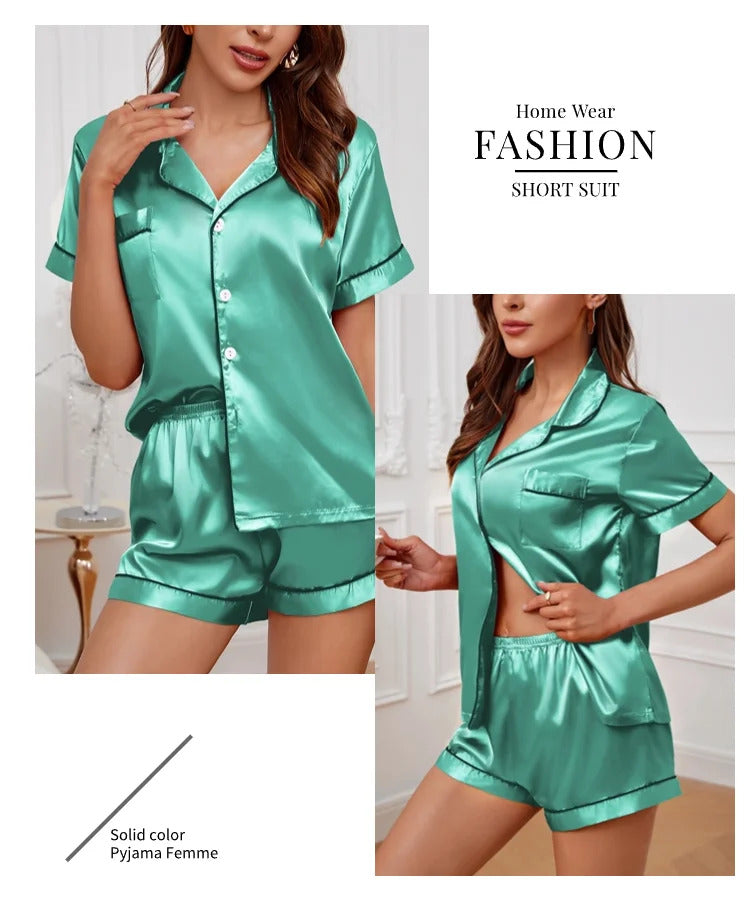 Women's Pajamas Set Satin Sleepwear Button Down Tops and Shorts Pajama 2 Piece Suit Pyjama Femme Nightwear Loungewear for Summer