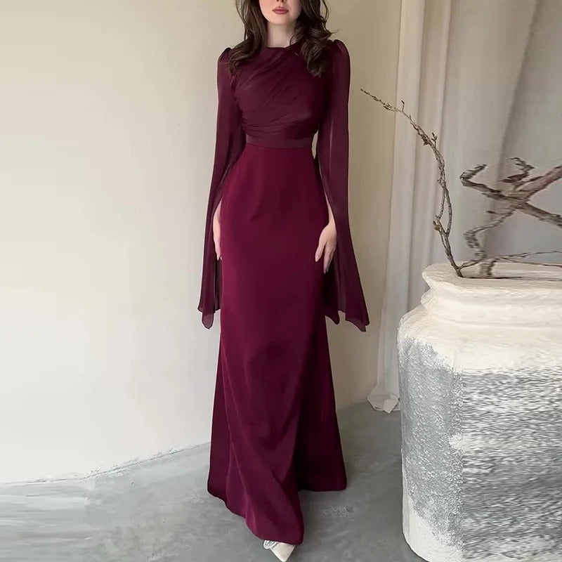 Fashion Satin Solid Robe Dress Ladies Temperament O-neck Slim Evening Dress Elegant Batwing Sleeves High Waist Pleats Long Dress