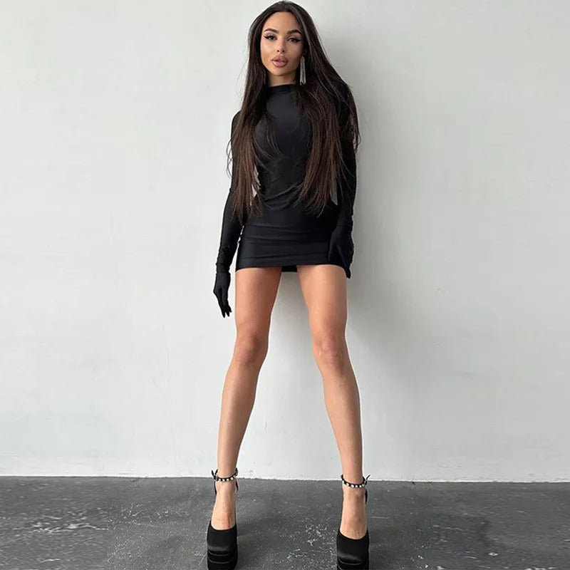 Solid Long Sleeve With Gloves Mini Dress Bodycon Sexy Streetwear Party Half Turtleneck Outfits Y2K Clothes Wholesale