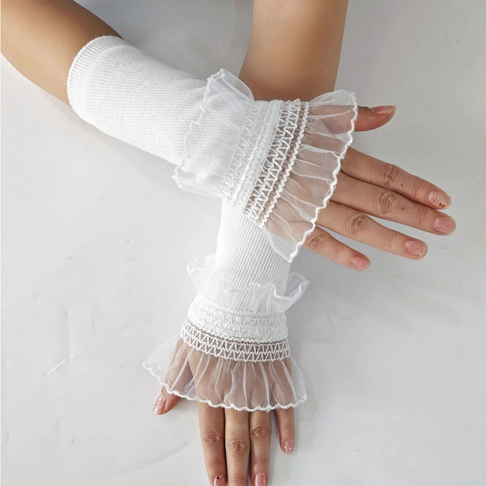 Women Lace Ruffles Cuff Elbow Sleeve Spring Autumn Detachable Fake Sleeve Arm Covers Solid Color Arm Cover Sweater Decorative