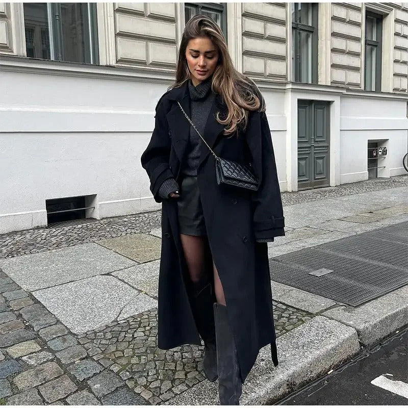 Elegant With Belt Black Long Coat For Women Oversize Woolen Double Button Lapel Overcoat Autumn New Lady High Street Outerwear