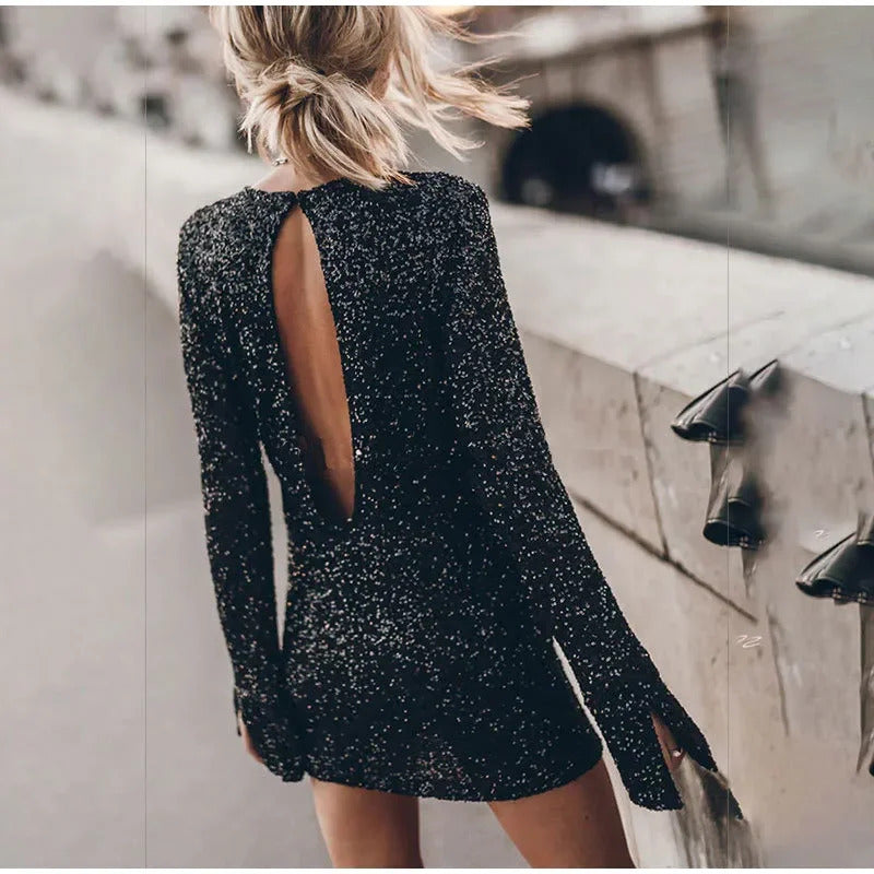 Fashion Sequin Silver Shiny Short Dress Women Elegant O Neck Long Sleeve Dresses 2024 New Autumn Winter Party Gown Solid Vestido