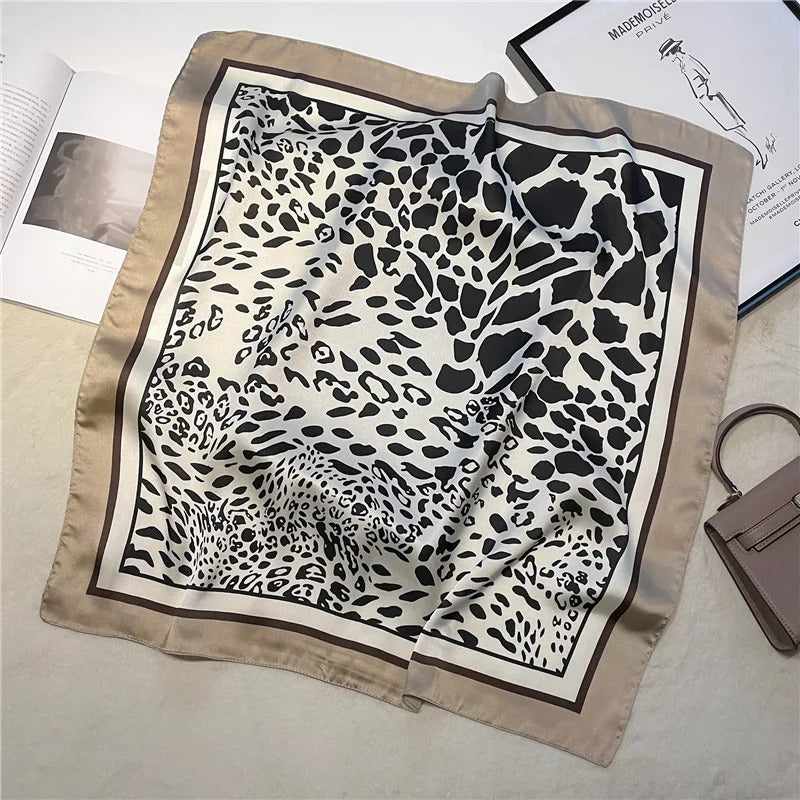 Fashionable 70*70cm Leopard Print Scarf For Women Spring/summer Soft Satin Borders Square Bandana Sun Protection Shawls