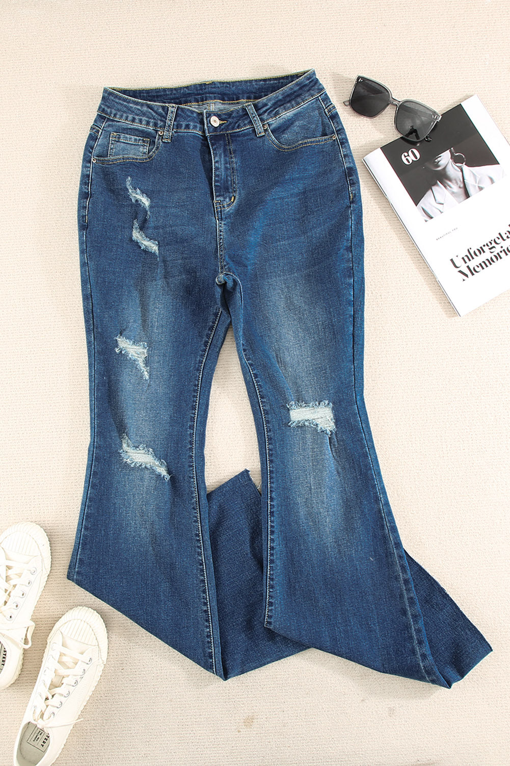 Sky Blue Dark Wash Mid Rise Flare Jeans