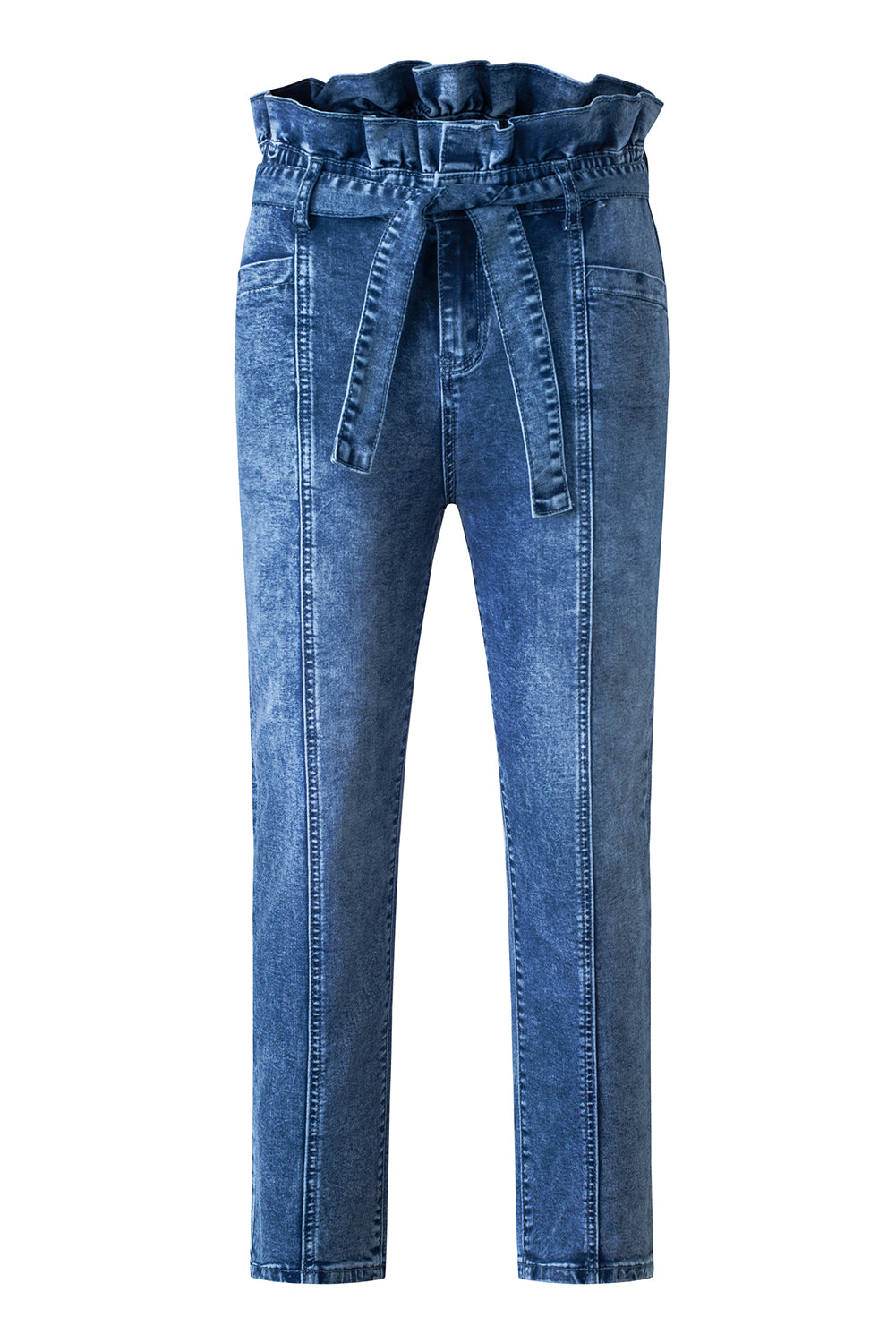 Blue Seamed Stitching High Waist Knot Skinny Jeans