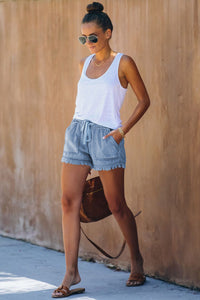 Blank Apparel - Sky Blue Casual Pocketed Frayed Denim Shorts