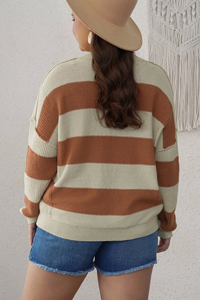 Brown Black Black Plus Size Colorblock V Neck Loose Sweater