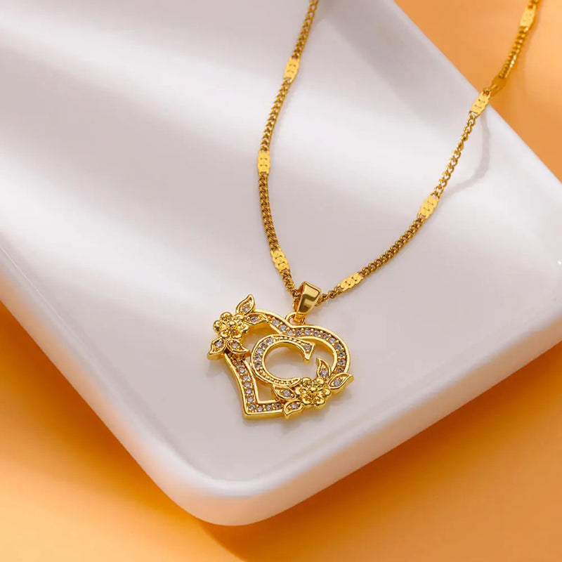 Zircon Flower Heart Initials Necklaces For Women Stainless Steel Heart Lover Gold Color Letter Chain Collar Necklace Jewelry