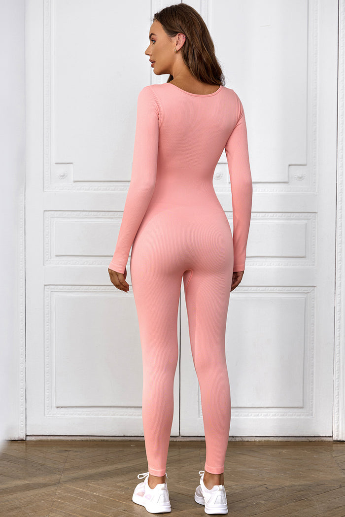 Pink Scoop Neck Long Sleeve Seamless Yoga Jumpsuit