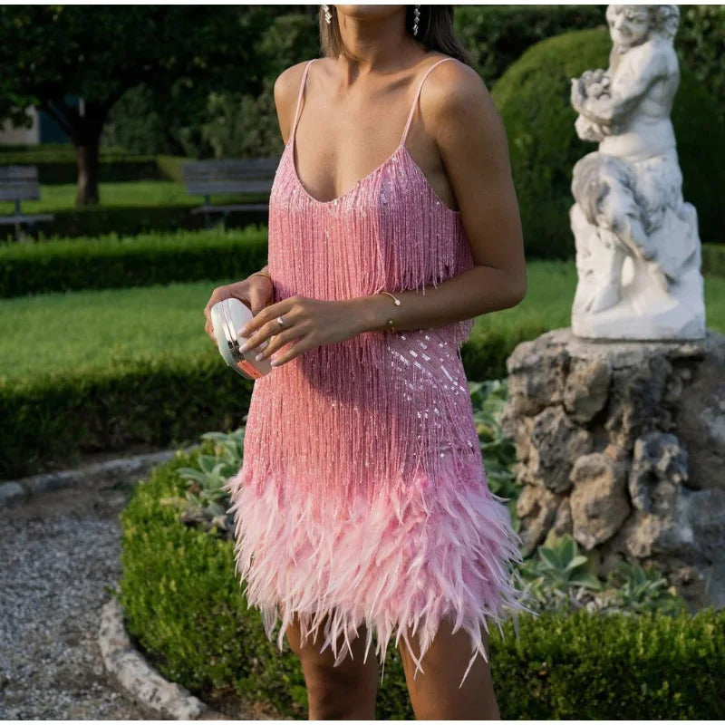 2023 New Sexy Tassel Sequins Feather Mini Dress Women Spaghetti Strap Stitching Dresses Female Elegant Evening Party Club Dress