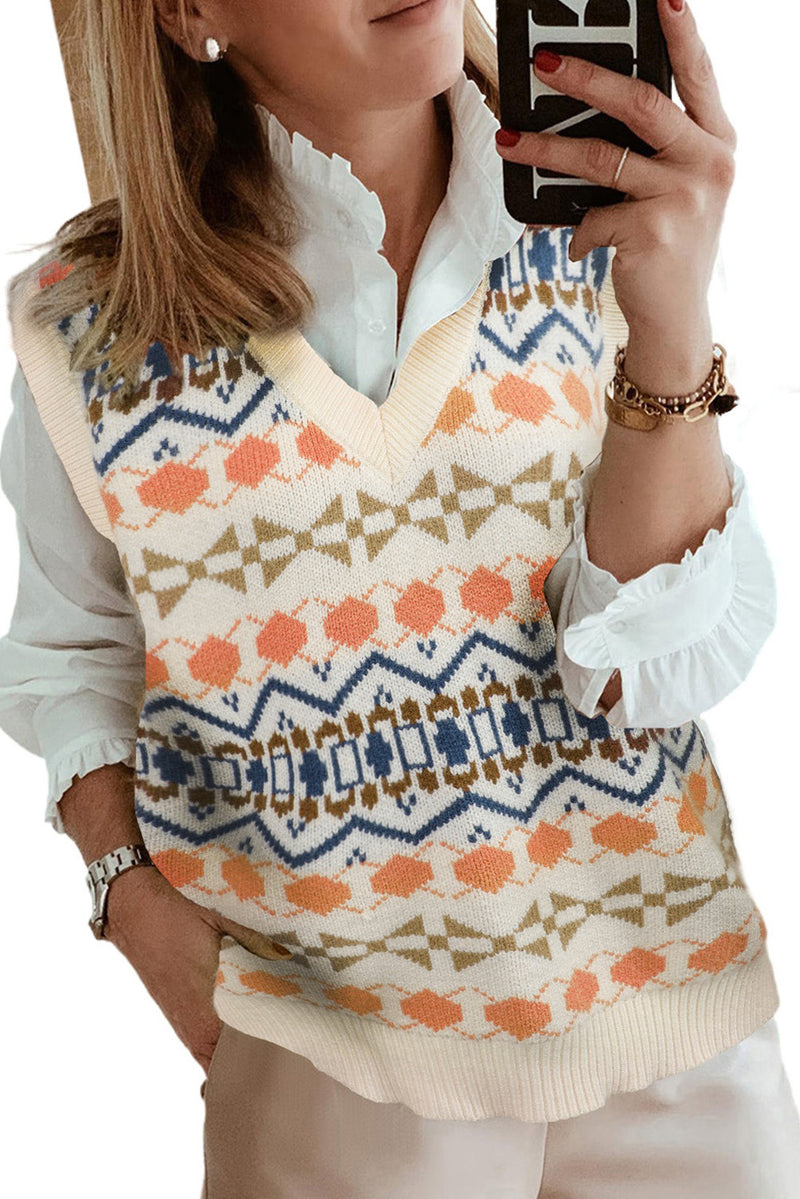 Sky Blue Tribal Print V Neck Knitted Sweater Vest