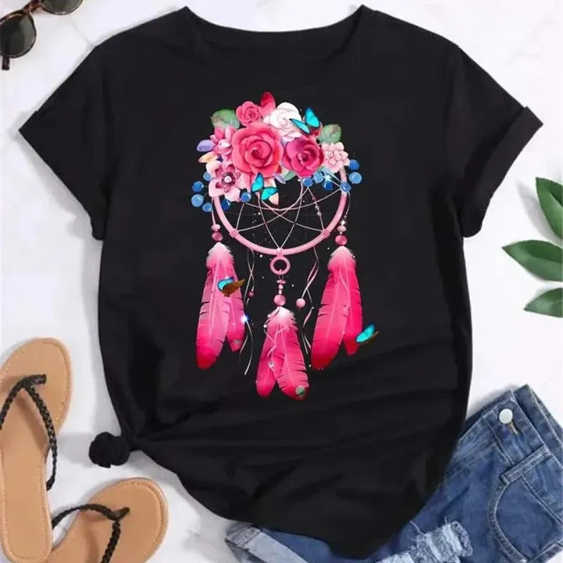 Feather Dreamcatcher Women Fashion T Shirt Harajuku Graphic Tees Shirt Femme Dream Catcher Women's T-shirt Clothes Tops