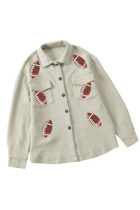 Beige Sequin Rugby Quilted Buttoned Turn Down Collar Shacket