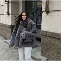 Winter New Women's Plush Faux Fur Overcoat Fashion Long Sleeved Warm Turn-down Collar Cardigan High Street Loose Outerwear 2024