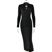 Mozision Hollow Out Long Sleeve Sexy Maxi Dress For Women Gown Autumn Winter New Metal Buckle Ruched Slit Long Dress Elegant