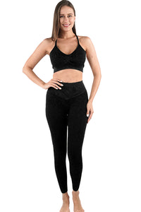 Black Seamless Ribbed Spaghetti Straps Bra Leggings Sports Set