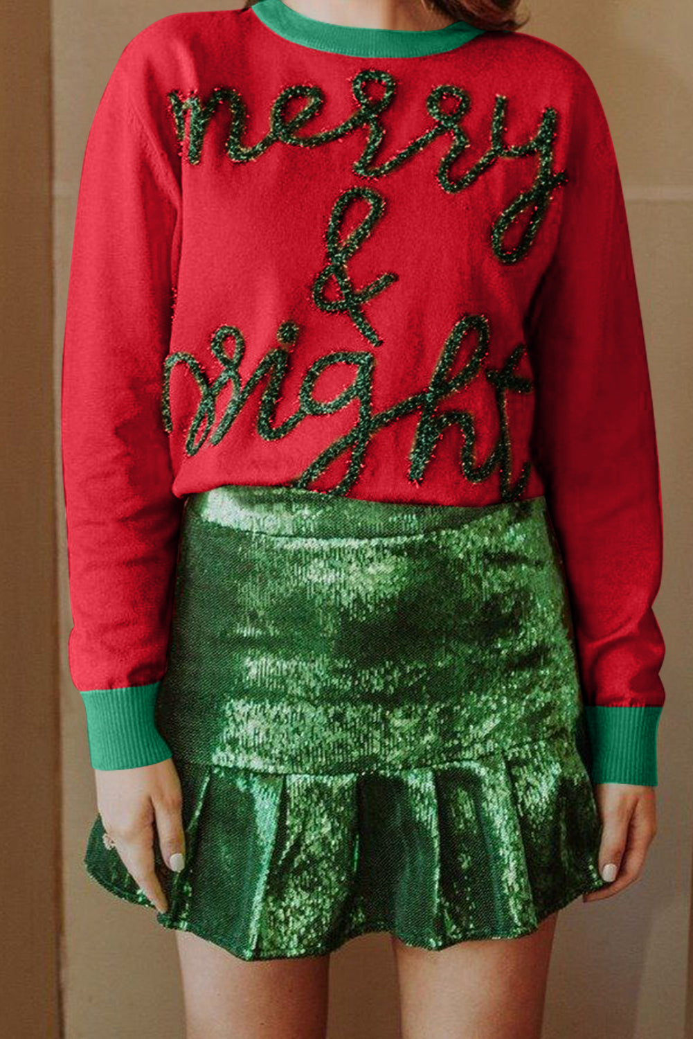 Fiery Red Tinsel Merry & Bright Graphic Contrast Trim Sweater