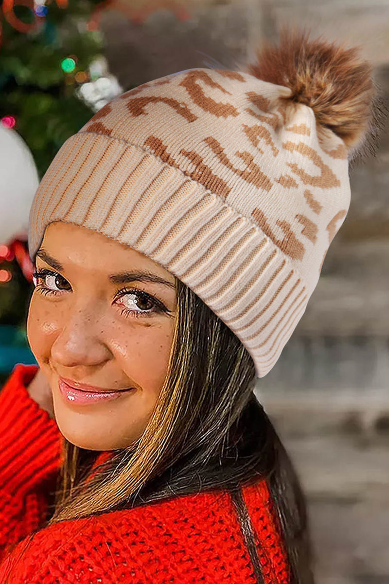 Light French Beige Leopard Knit Curled Hem Pompom Beanie Hat