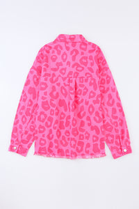 Pink Leopard Print Button Cuffs Raw Hem Jacket