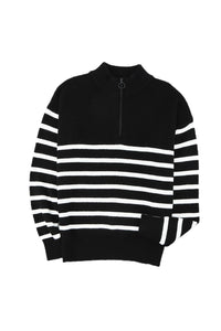 Black Striped Zipper Knit Sweater