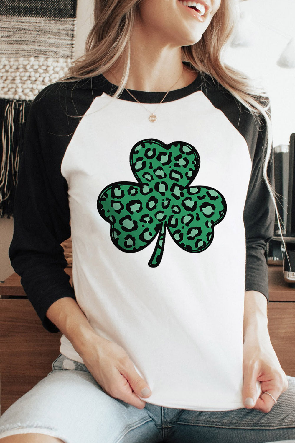 Black Leopard Spotted Clover St Patrick Graphic Long Sleeve Tee