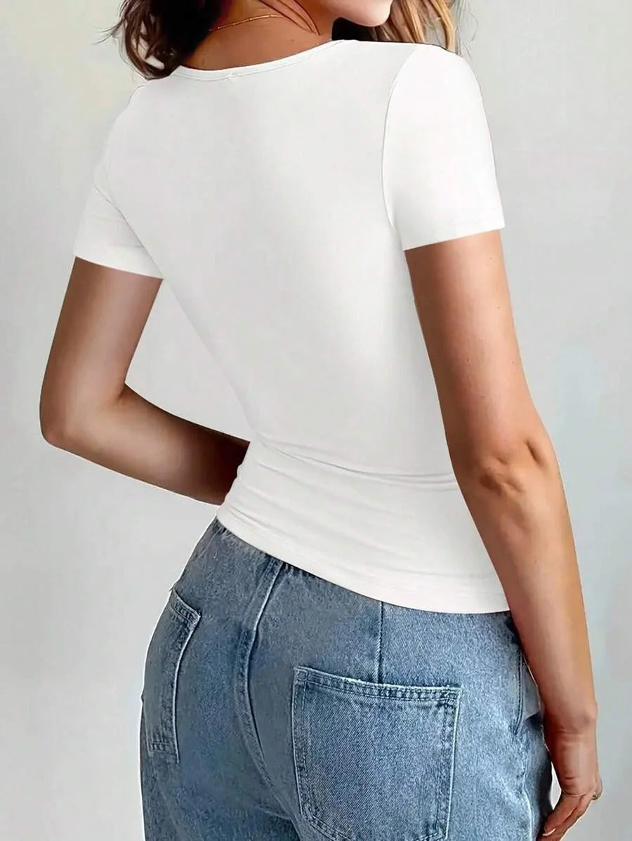 Womens Basic T-Shirts Scoop Neck Short Sleeve Crop Tops Cute Summer Tops Slim Fit Tees Y2k Clothing 2024