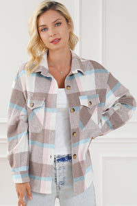 Pale Khaki Plaid Big Flap Pocket Amber Button Shacket