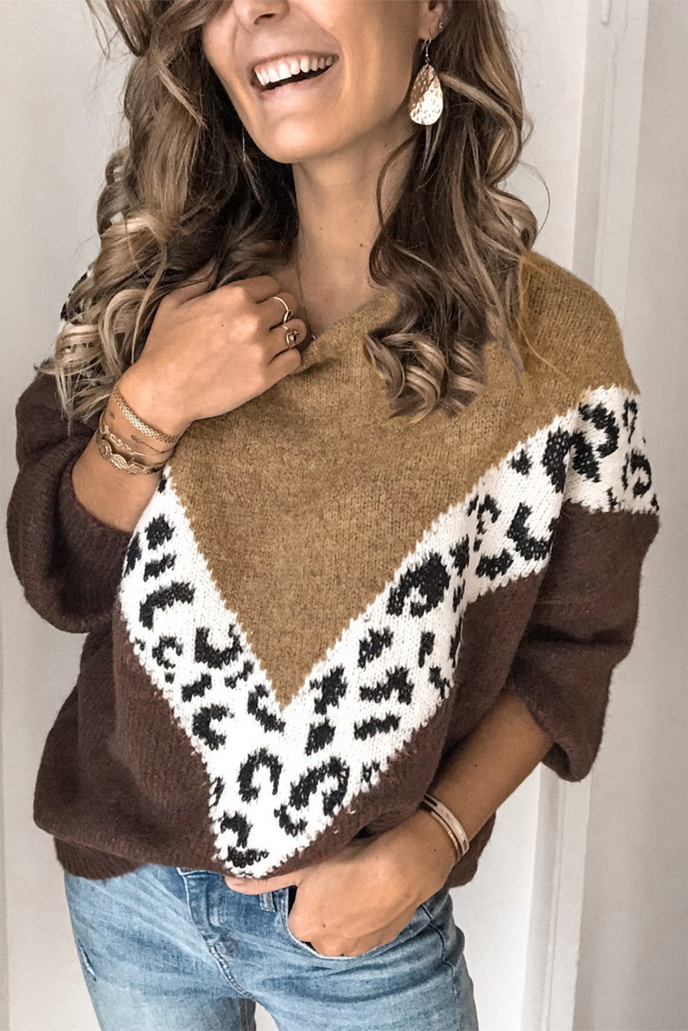 Black Colorblock Chevron Leopard Pullover Sweater