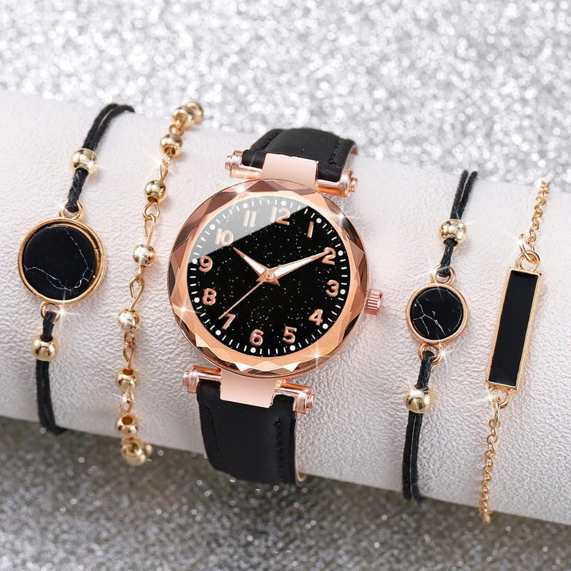 5PCS/Set Women Watches Bracelets Set Fashion Starry Sky Dial Leather Band Quartz Watch