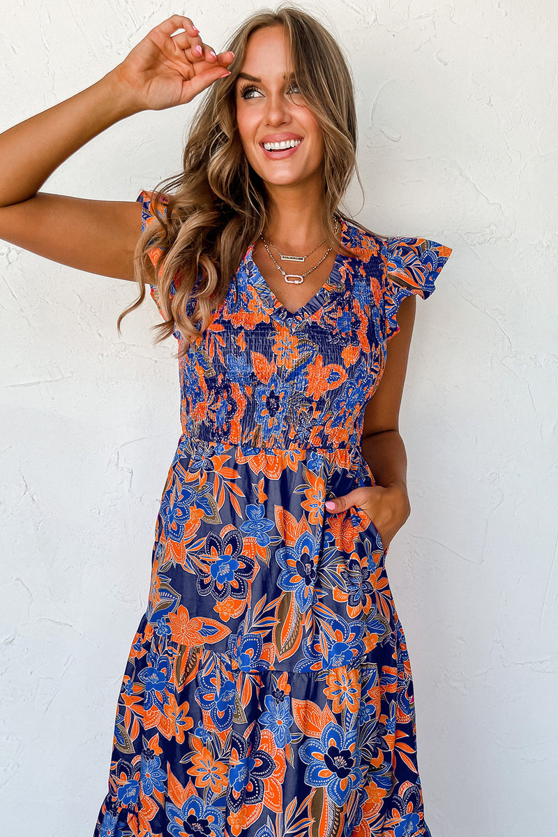 Dark Blue Boho Floral V Neck Ruffle Tiered Long Dress