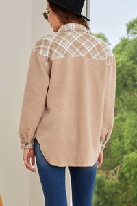 Apricot Plaid Patchwork Buttoned Sherpa Shirt Jacket