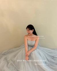 XPAY Simple Dusty Blue Soft Tulle Korea Prom Dresses Customised Strapless Lace Up Evening Gowns Wedding Photo shoot Floor Length