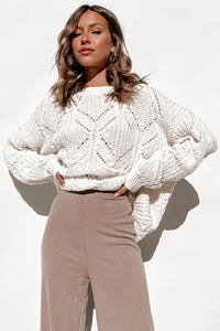 Pink Crewneck Balloon Sleeve Textured Knit Sweater