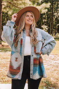 Sky Blue Plus Size Denim Aztec Jacket