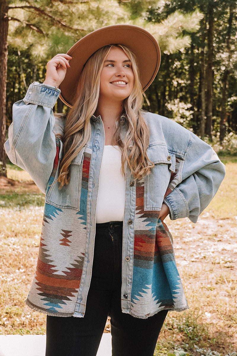 Sky Blue Plus Size Denim Aztec Jacket