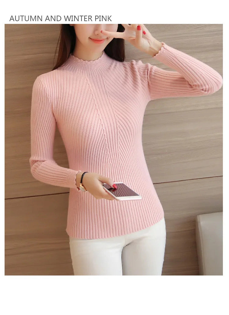 2024 Autumn Women Mock Neck Ruffles Sweater Long Sleeve Knitted Bottoming Solid Pullovers Stripe Women Casual Sweater Winter