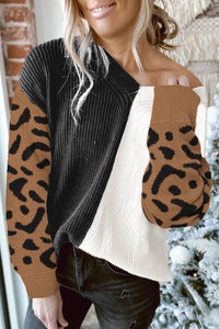 Leopard Print Contrast Color V Neck Sweater