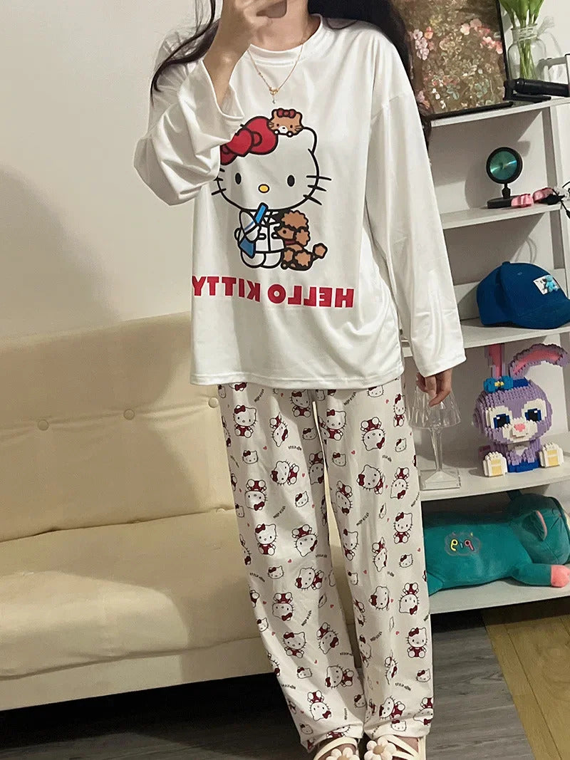 Women's Loose Round Neck Cute Kitty Homewear Pajamas Women's Simple Leisure Long Sleeve Long Pants Two-piece Suit Pajamas  Women