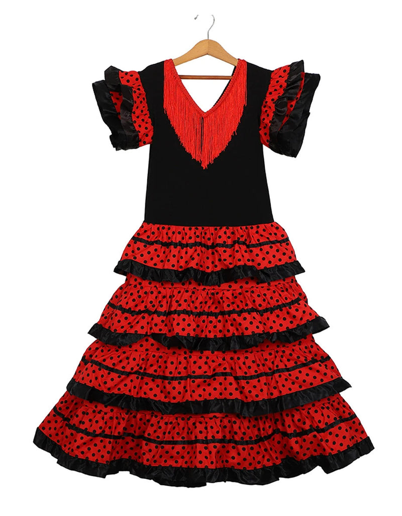 Dress Women 2024 Europe America Short Sleeve Midi Dress Traditional Spanish Dance Dress For Girls Festival Tassel Dot Dress