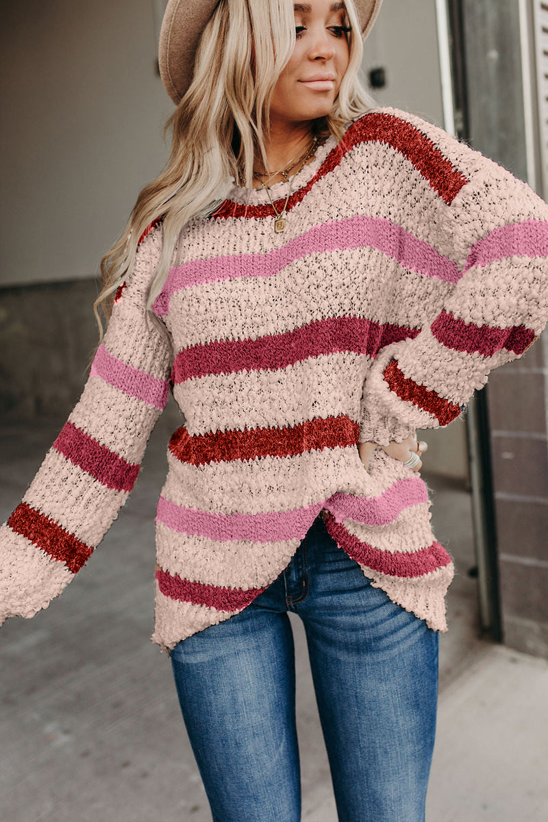 Light Pink Striped Popcorn Knit Sweater