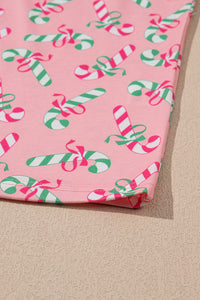 Pink Christmas Candy Cane Print Pocketed Knotted Lounge Set