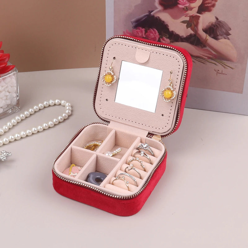 Velvet Jewelry Box For Women Geometric Sqaure Jewelry Storage Case Necklace Ring Earrings Travel Portable Zipper Boxes